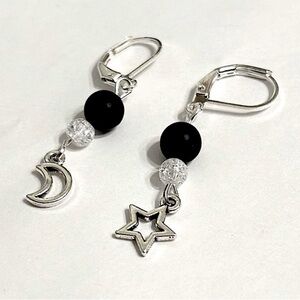 Moon and star handmade 925 sterling silver charm earrings black agate